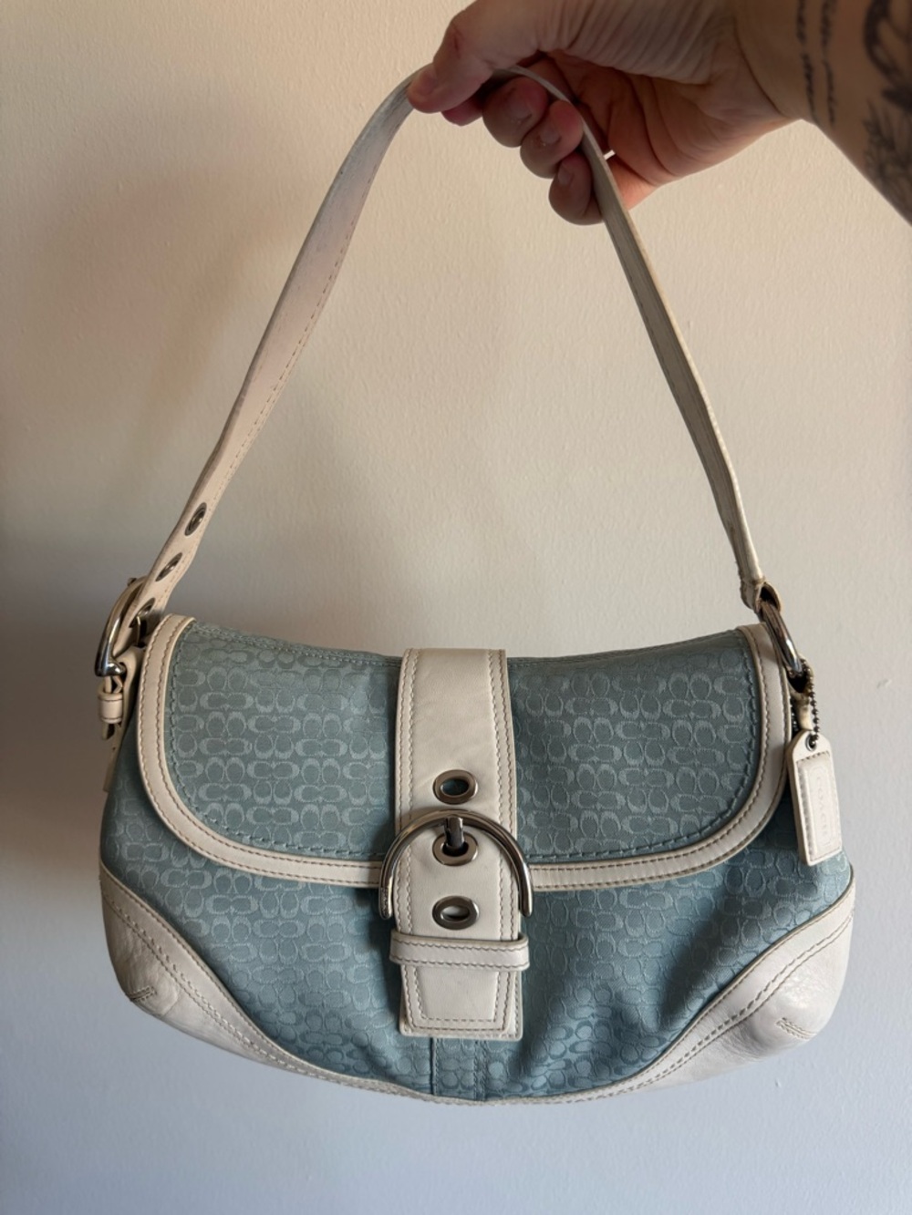 Coach Light Blue Signature Canvas Shoulder Bag with Cream Leather Trim